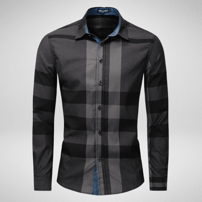 Kwality-Long Sleeve Slim Fit Casual Plaid Shirt -Black