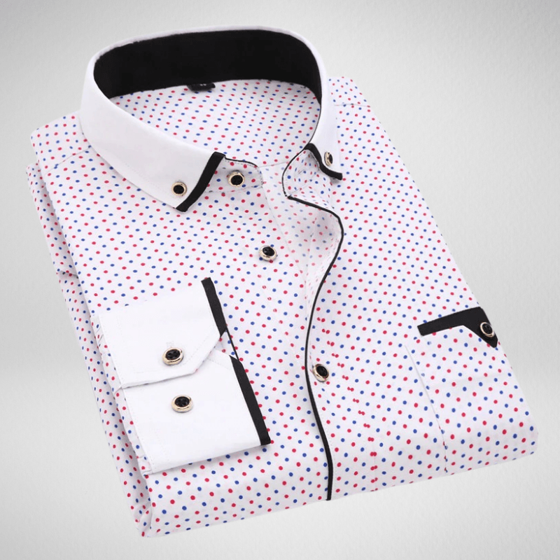 Kwality-Long Sleeve Slim Fit Spotted Contrast Collar Shirt -B & R Dots