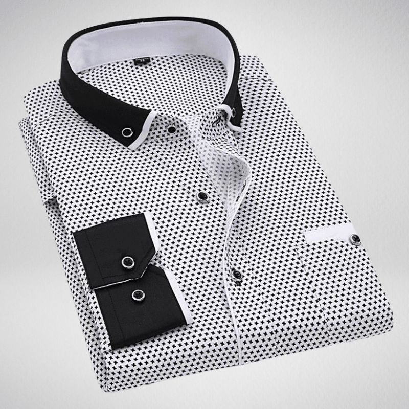Kwality-Long Sleeve Slim Fit Spotted Contrast Collar Shirt -Black & White