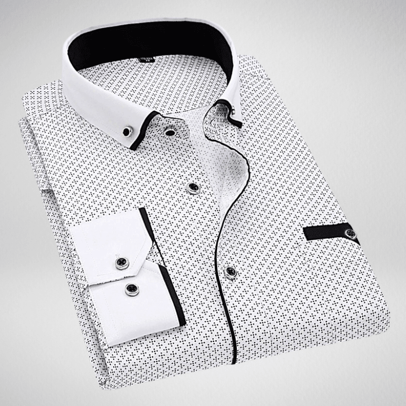 Kwality-Long Sleeve Slim Fit Spotted Contrast Collar Shirt -White & Black