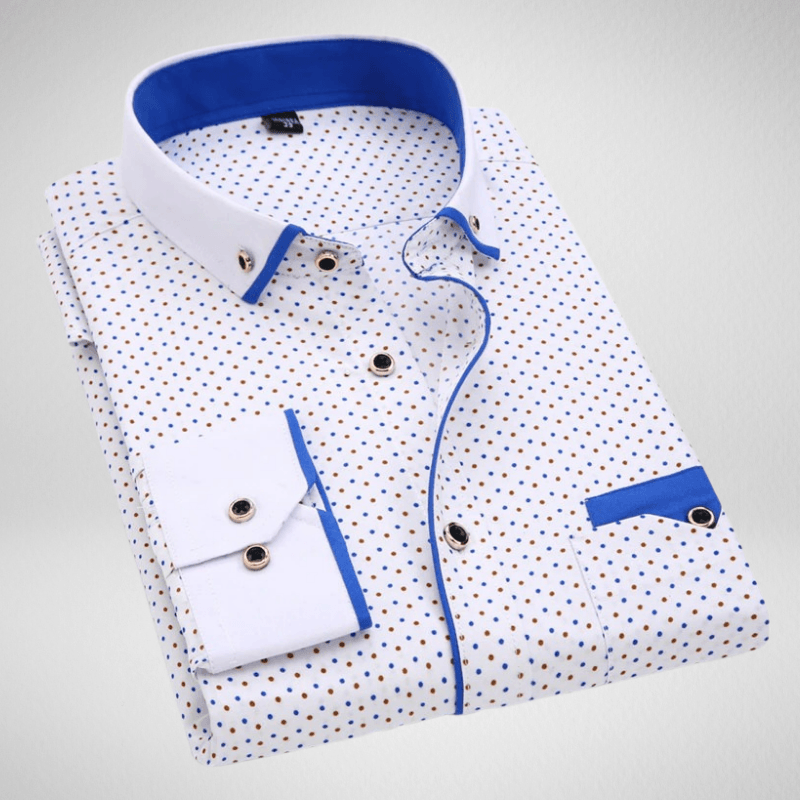 Kwality-Long Sleeve Slim Fit Spotted Contrast Collar Shirt -White & Blue