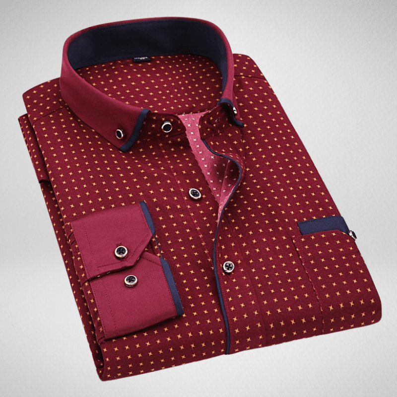 Kwality-Long Sleeve Slim Fit Spotted Contrast Collar Shirt -Wine