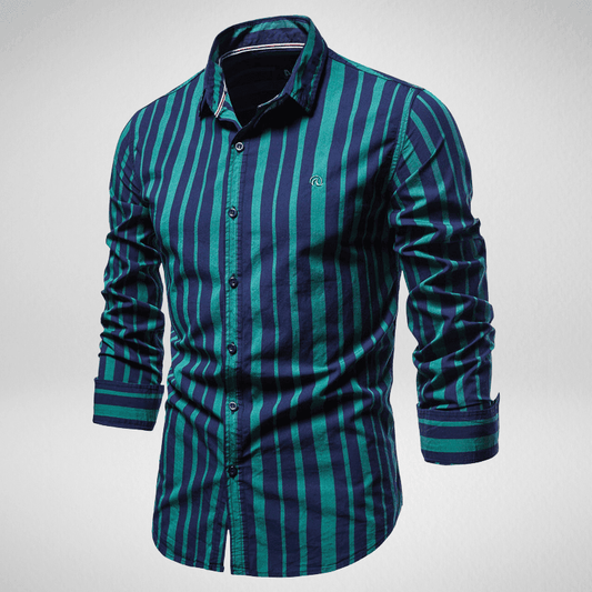 Kwality-Long Sleeve Striped Casual Shirt -Navy Blue Green