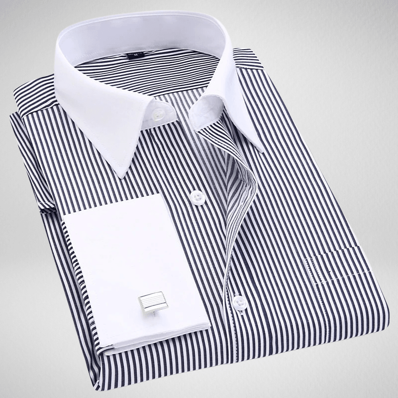 Kwality-Long Sleeve Striped White Collar Formal Dress Shirt -Black