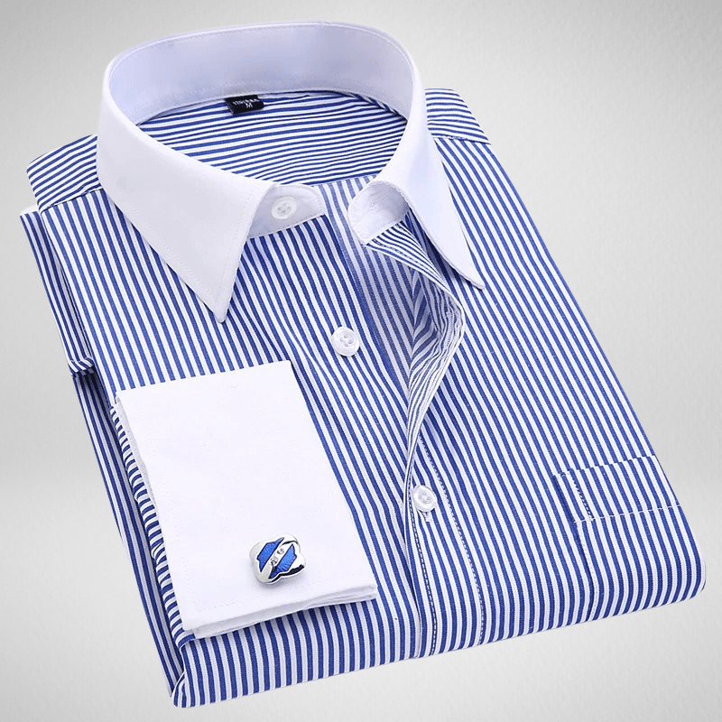 Kwality-Long Sleeve Striped White Collar Formal Dress Shirt -Blue