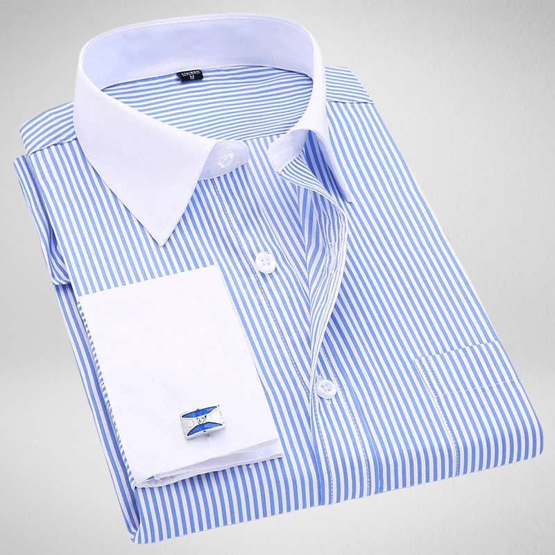 Kwality-Long Sleeve Striped White Collar Formal Dress Shirt -Light Blue