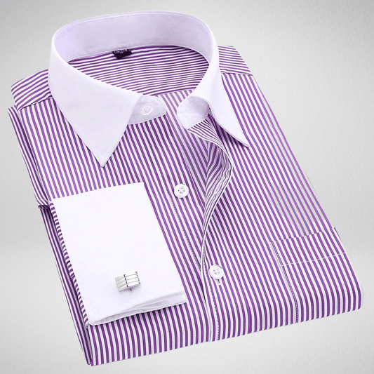 Kwality-Long Sleeve Striped White Collar Formal Dress Shirt -Purple