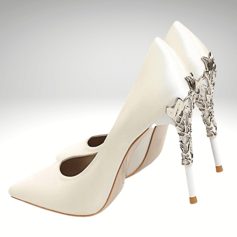 Kwality-Metal Carved Heel Wedding Bridesmaid Party Shoe -White