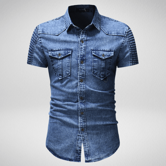 Kwality-Pleated Shoulder Short Sleeve Denim Shirt -Blue