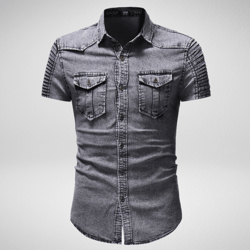 Kwality-Pleated Shoulder Short Sleeve Denim Shirt -Grey