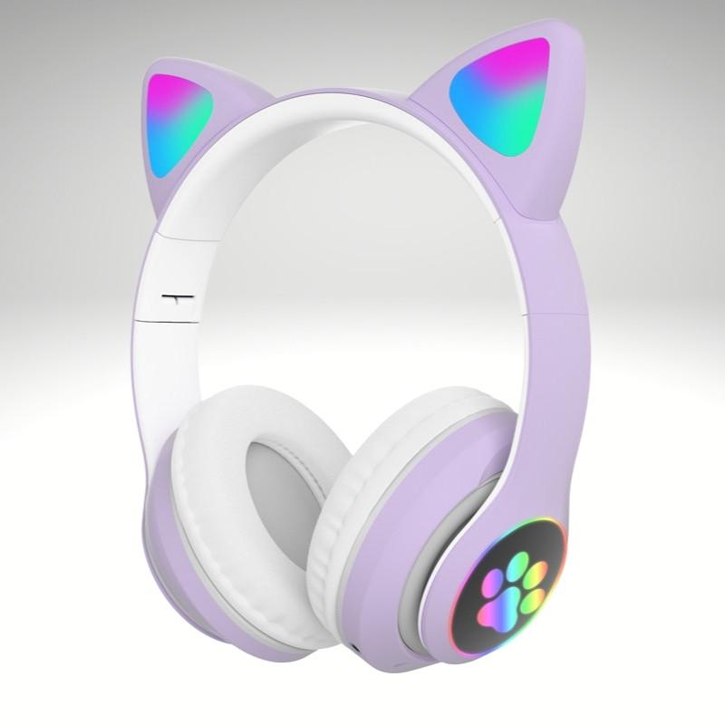 Kwality-RGB Light Up Cat Ears Bluetooth Headphones -Purple
