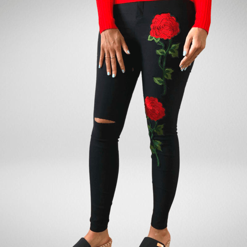 Ripped Knee Embroidered Rose Skinny Trousers