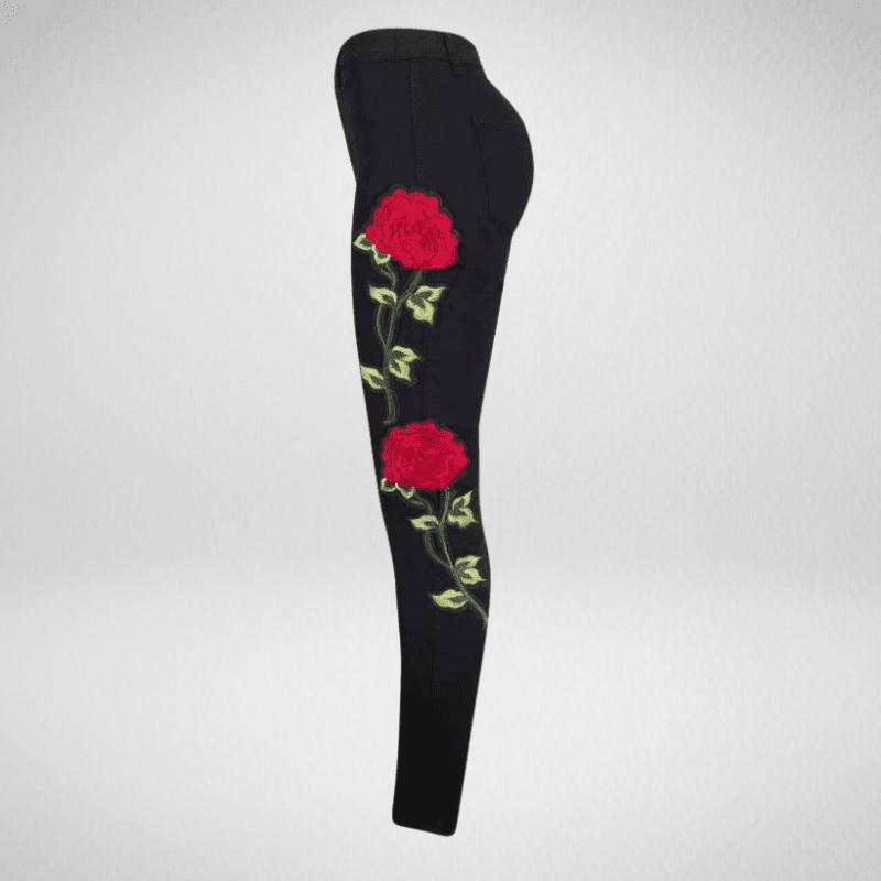 Ripped Knee Embroidered Rose Skinny Trousers