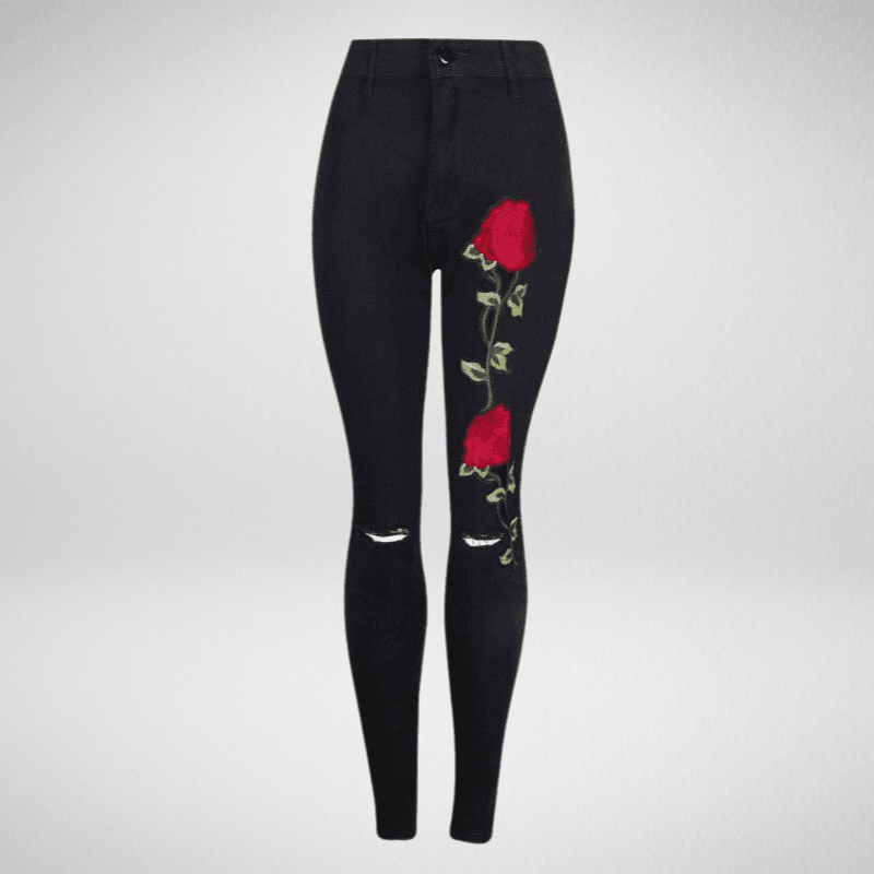 Kwality Ripped Knee Embroidered Rose Skinny Trousers - Black M