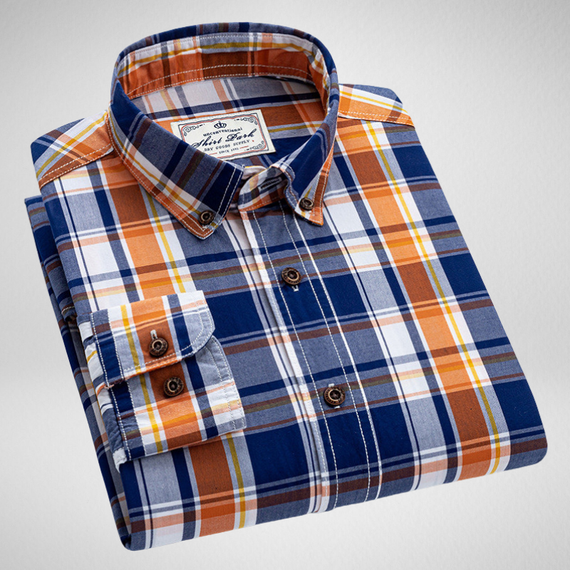 Kwality-Smart Long Sleeve Premium Plaid Shirt -Orange