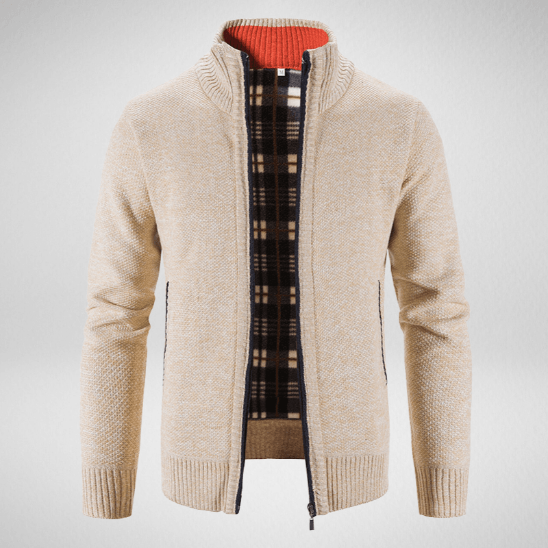 Kwality-Solid Colour High Collar Zip-Up Wool Sweater -Beige