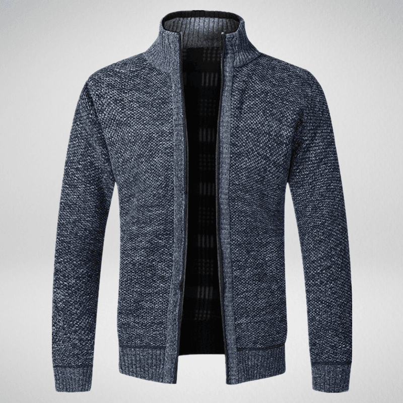 Kwality-Solid Colour High Collar Zip-Up Wool Sweater -Blue