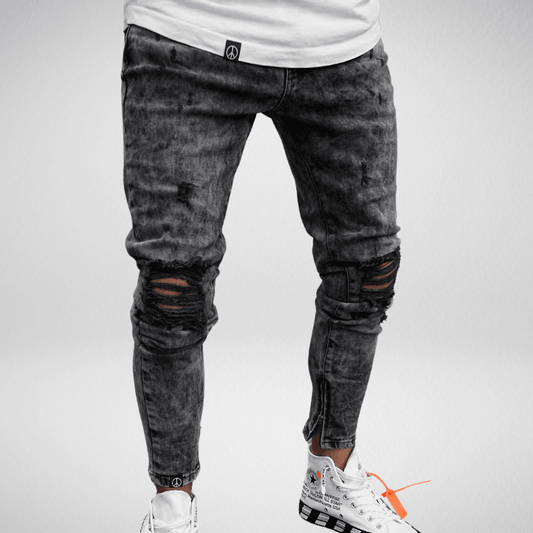 Kwality-Stonewash Shredded Knee Stretchy Denim Jeans -XXXL