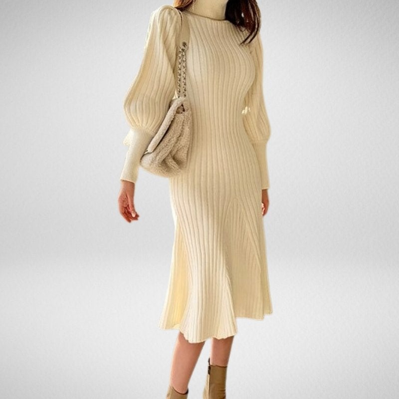 Vintage Puff Sleeve Roll Neck Slim Knitted Dress