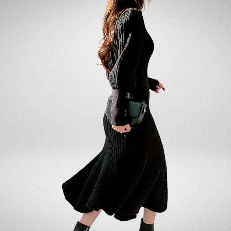 Vintage Puff Sleeve Roll Neck Slim Knitted Dress