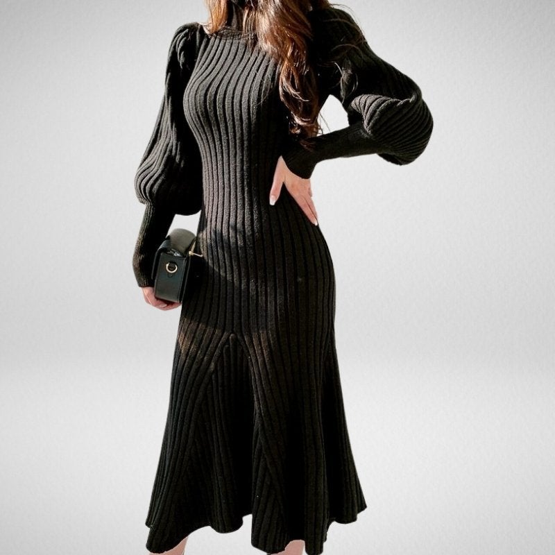 Kwality-Vintage Puff Sleeve Roll-Neck Slim Knitted Dress -Grey