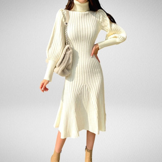Kwality-Vintage Puff Sleeve Roll-Neck Slim Knitted Dress -Grey
