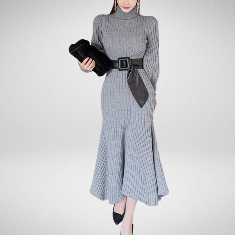 Kwality-Vintage Puff Sleeve Roll-Neck Slim Knitted Dress -Grey