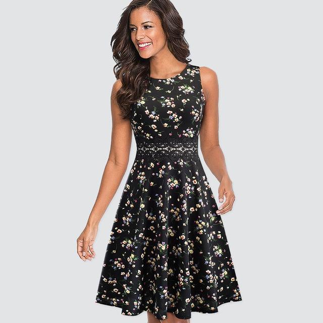Kwality Vintage Round Neck A line Floral Dress - Multi Style Black Floral / L