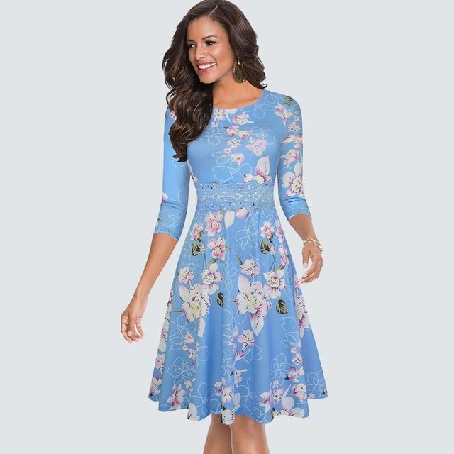Kwality Vintage Round Neck A line Floral Dress - Multi Style Light Blue Floral / S