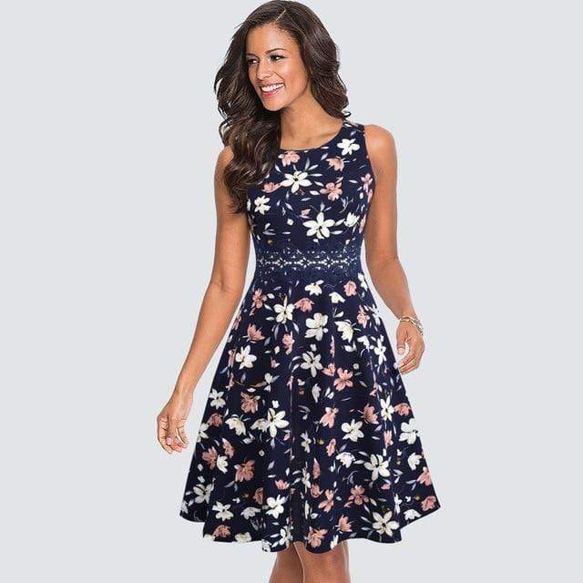 Kwality Vintage Round Neck A line Floral Dress - Multi Style Navy And Floral / L