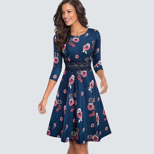 Kwality Vintage Round Neck A line Floral Dress - Multi Style Pink Floral / S