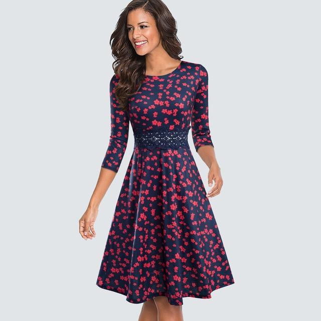 Kwality Vintage Round Neck A line Floral Dress - Multi Style Small Red Floral / M
