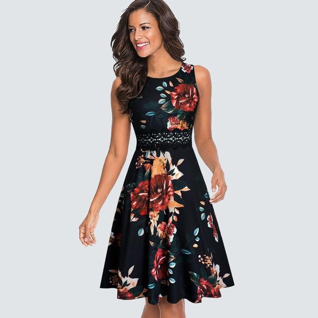 Kwality Vintage Round Neck A line Floral Dress - Multi Style Yellow Black Floral / M