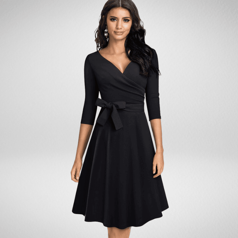 Kwality-Vintage V-Neck Long Sleeve A-Line Wrap-Effect Dress -Black