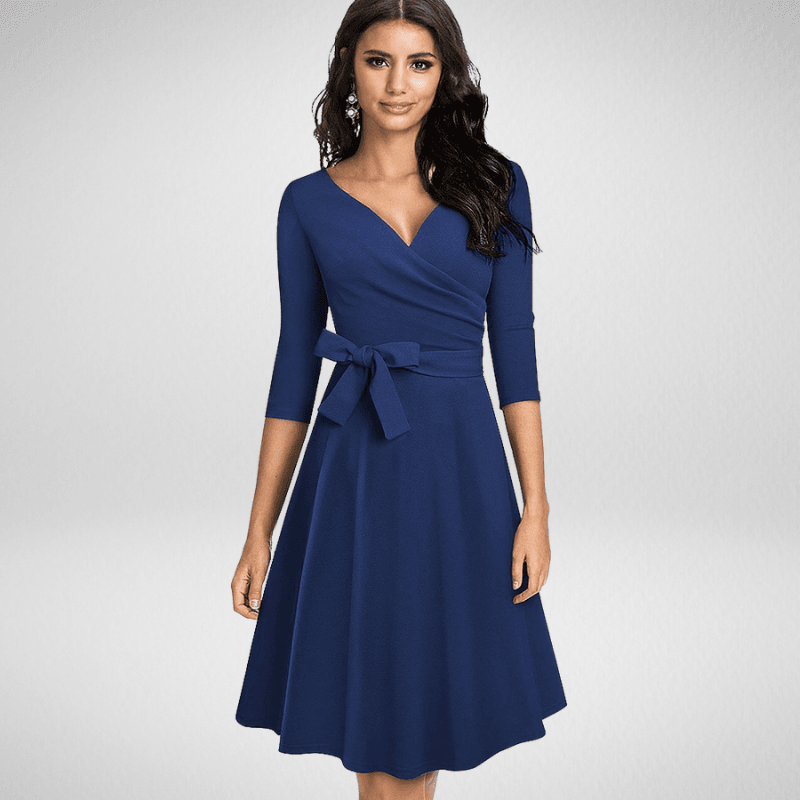 Kwality-Vintage V-Neck Long Sleeve A-Line Wrap-Effect Dress -Blue
