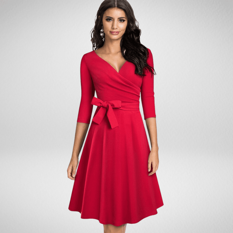 Kwality-Vintage V-Neck Long Sleeve A-Line Wrap-Effect Dress -Red